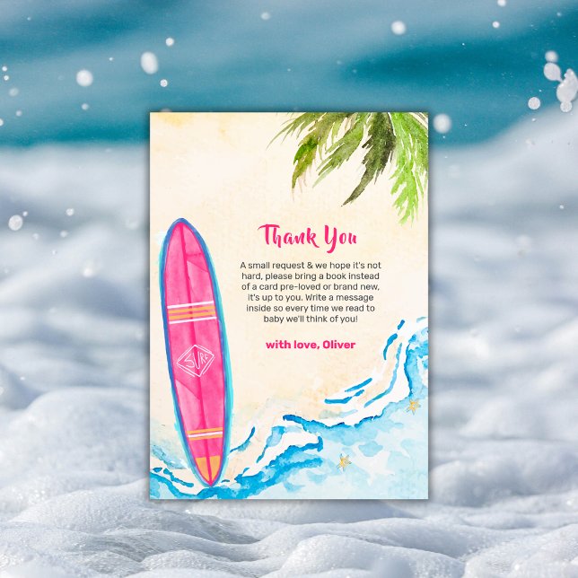 Convite de Chuvinha de Bebê Prancha de Surf Rosa Á (Pink Surfboard Plam Tree Beach Baby Shower Thank You Card)
