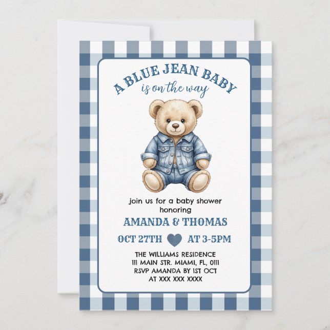 Convite de Chuvinha de Bebê Urso Azul Jean (Frente)