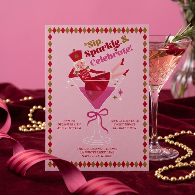 Convite de Cocktail Festa de Natal Ballet Quebra-N (Pink Nutcracker Ballet Cocktail Christmas Party Holiday Card)