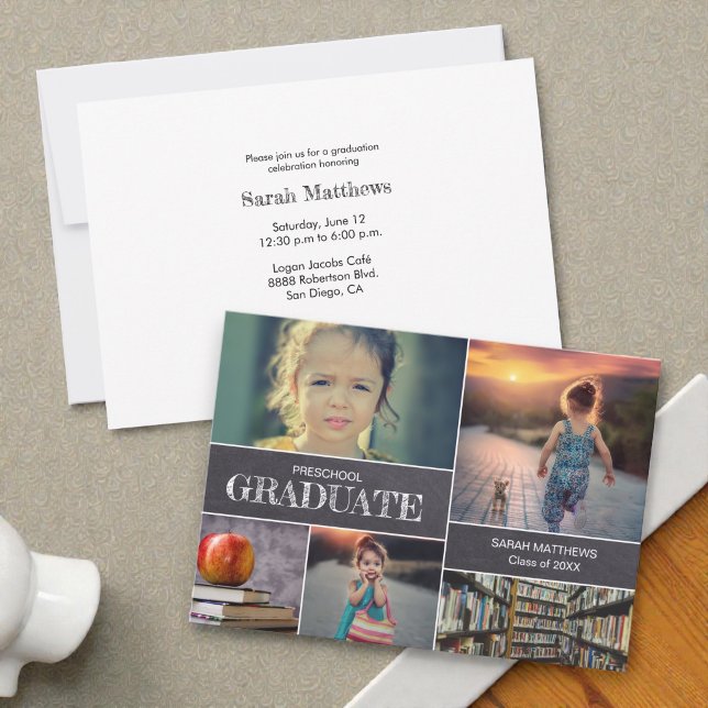 Convite de Colagem de Fotos de Formatura da Pré-Es (Custom Preschool graduation party invitation with photo collage.)