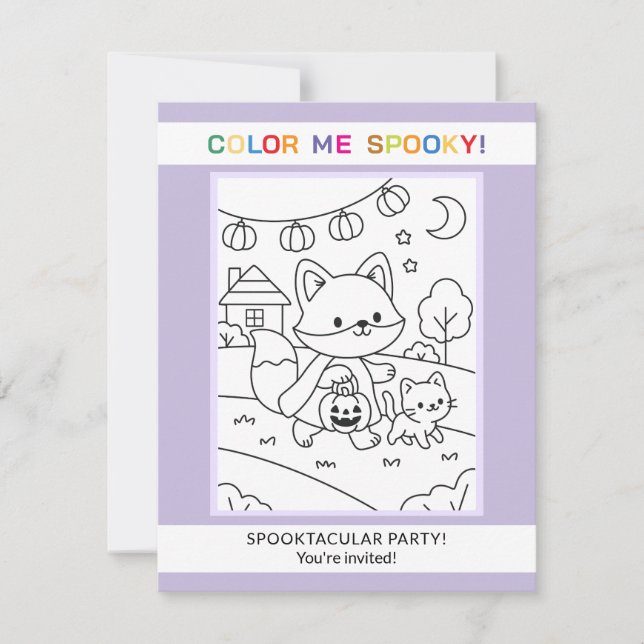 Convite de Colorir Halloween de Animais & Abóbora (Frente)