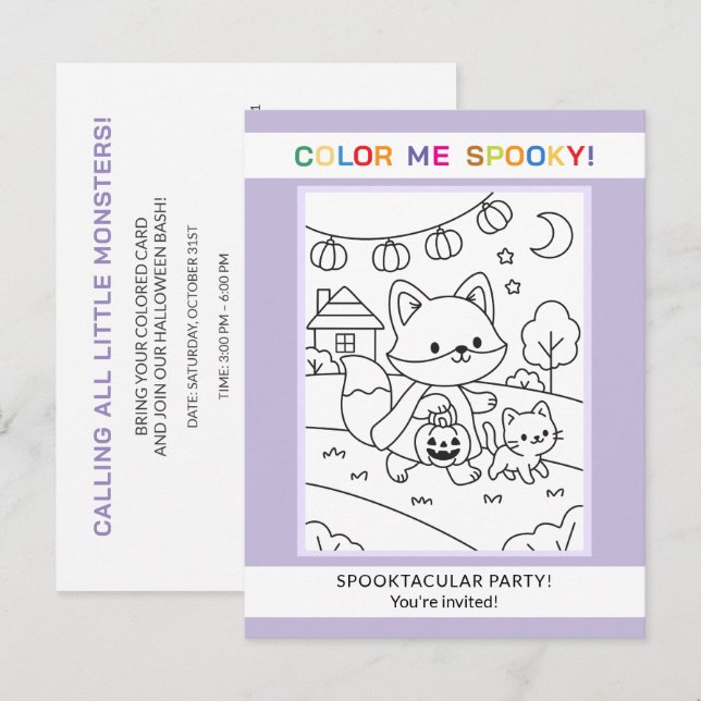 Convite de Colorir Halloween de Animais & Abóbora (Frente/Verso)