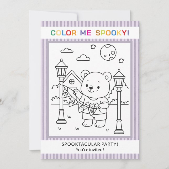 Convite de Colorir Halloween Urso Fofo & Fantasmas (Frente)
