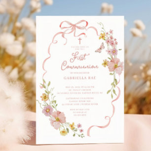 Convite de Comunhão Borboleta Floral Rosa Choque
