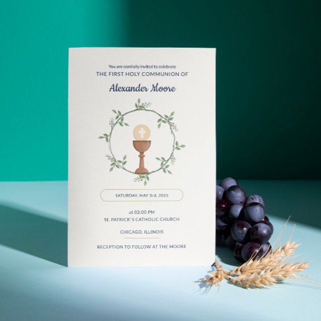 Convite de comunidade Floral Wreath - Texto person (Horizontal First Communion card invitation with Floral Wreath)