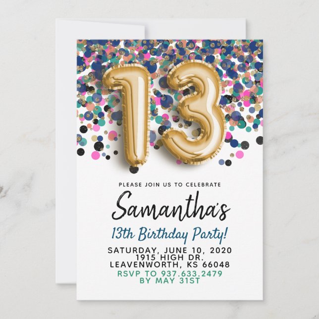 Convite de Confetes Dourados para 13º Aniversário (Frente)
