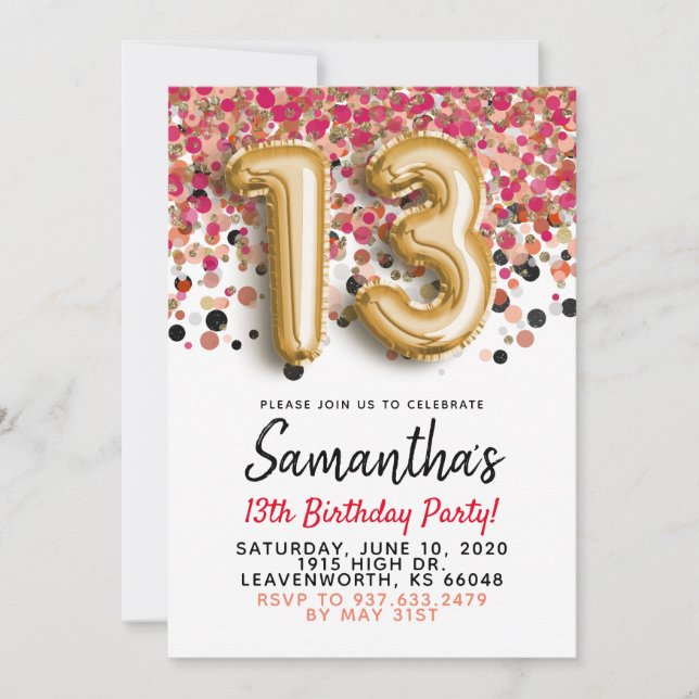 Convite de Confetes Dourados para 13º Aniversário (Frente)