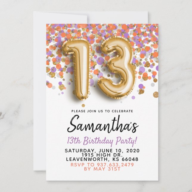 Convite de Confetes Dourados para 13º Aniversário (Frente)