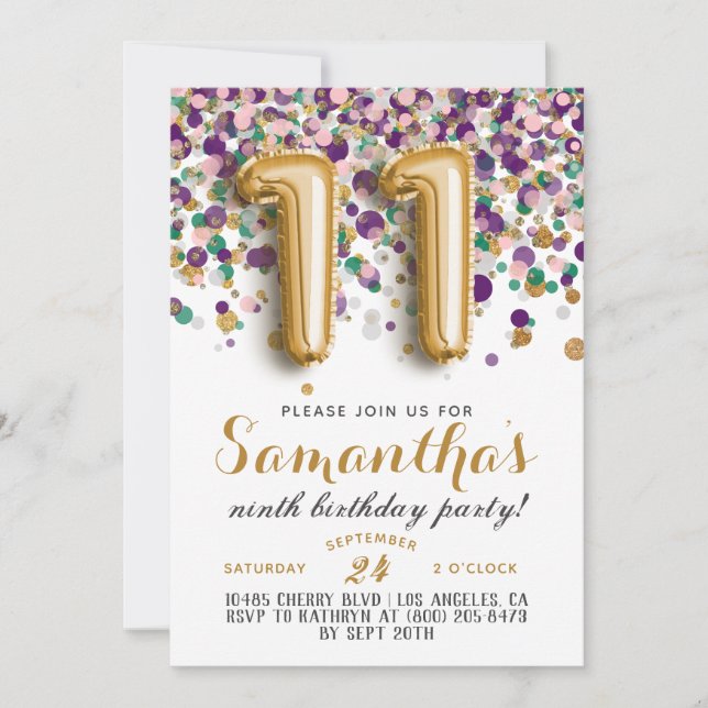 Convite de Confetes para Aniversário de 11 anos (Frente)