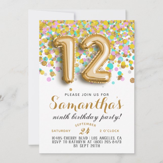 Convite de Confetes para Aniversário de 12 Anos (Frente)
