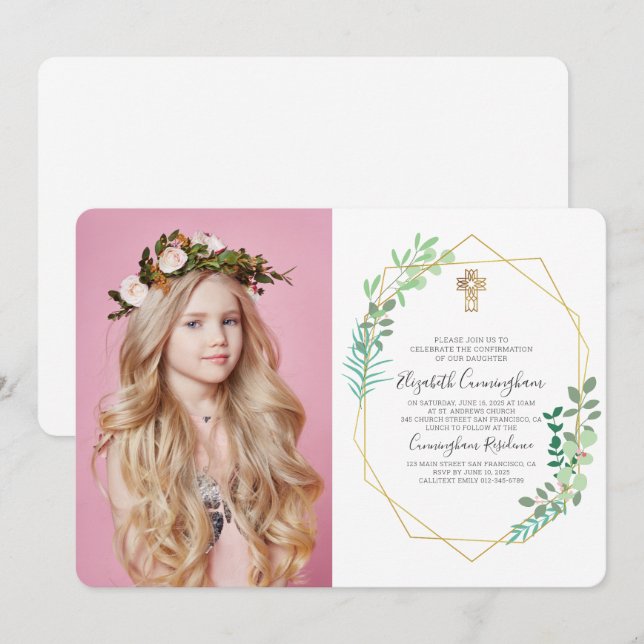 Convite de Confirmação Cruzada de Folhagem Geométr (Frente/Verso)