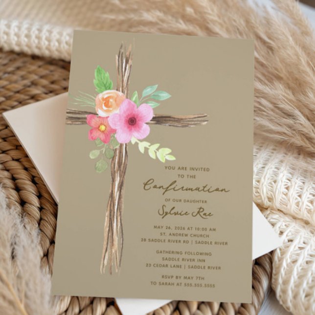 Convite de Confirmação de Cruz Rústica Floral (Criador carregado)