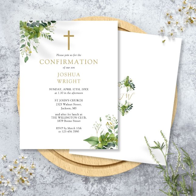 Convite de Confirmação de Monograma de Folhagem (Greenery Monogram Confirmation Invitation Postcard)