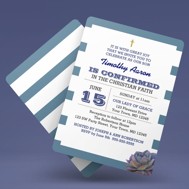 Convite de Confirmação de Stripe Azul e Suculente (Criador carregado)