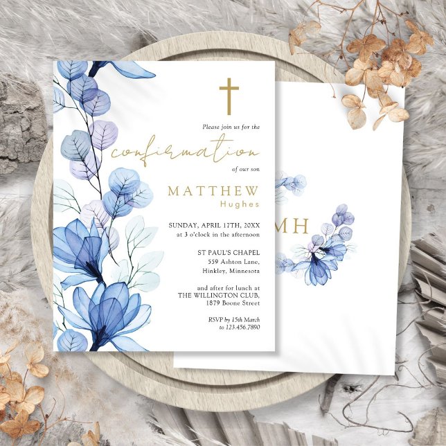 Convite de Confirmação Dourada Floral Azul Dusty (Dusty Blue Floral Gold Confirmation Invitation Postcard)