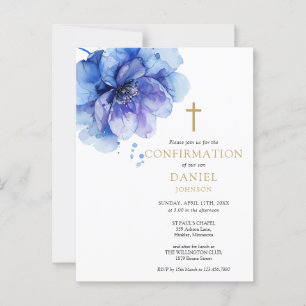 Convite de Confirmação Floral Aquarela Azul