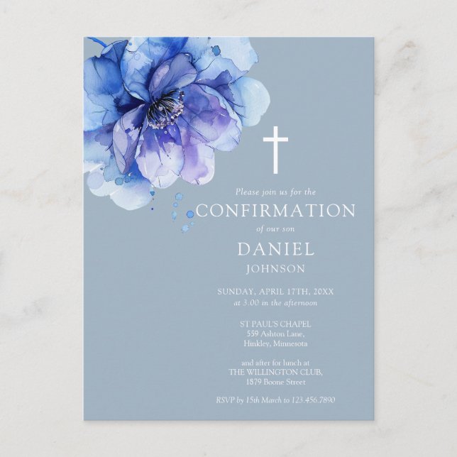 Convite de Confirmação Floral Aquarela Azul (Frente)