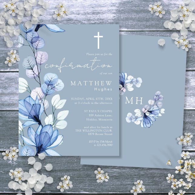 Convite de Confirmação Floral Azul Empoeirado Dour (Dusty Blue Floral Gold Confirmation Invitation Postcard)
