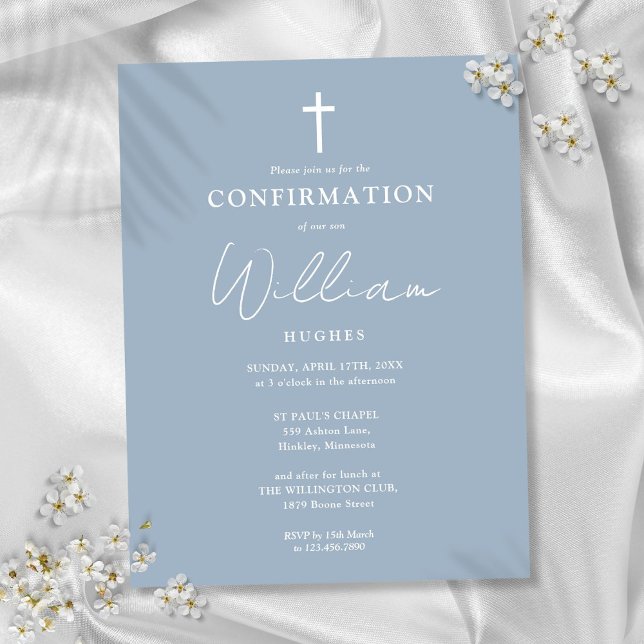 Convite de Confirmação Minimalista Azul Empoeirado (Dusty Blue Minimalist Confirmation Invitation Postcard)