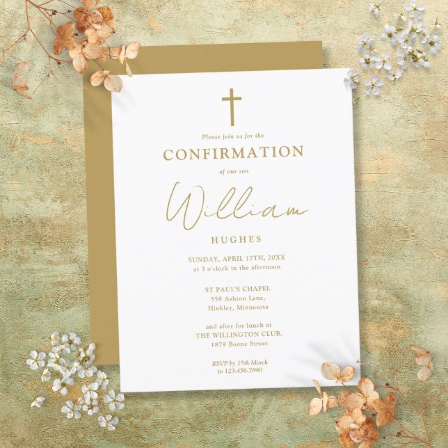 Convite de Confirmação Minimalista Moderno Dourado (Gold Modern Minimalist Confirmation Invitation Postcard)
