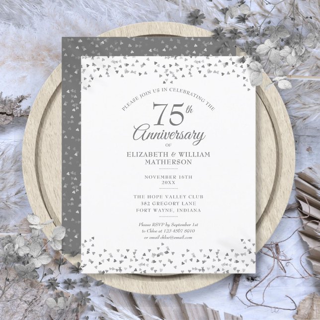 Convite de Coração para Bodas de Diamante com Orça (Budget 75th Wedding Anniversary Hearts Invitation)
