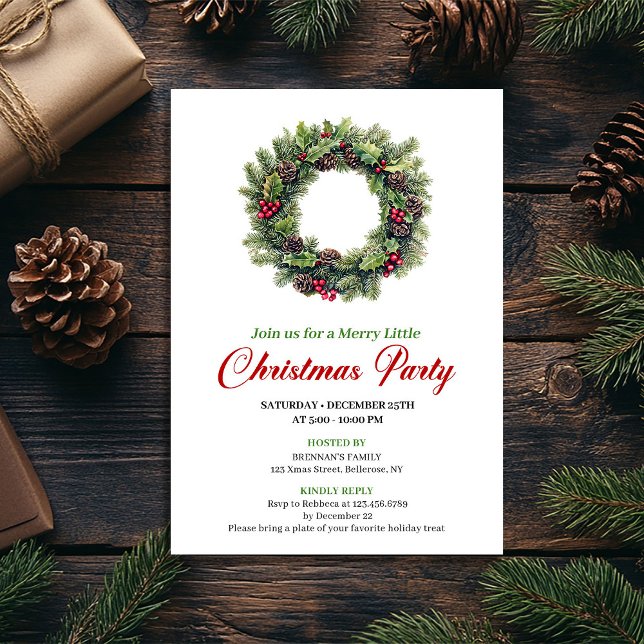 Convite de Coroa de Natal em Aquarela Clássica (Classic Watercolor Christmas Wreath Invitation)