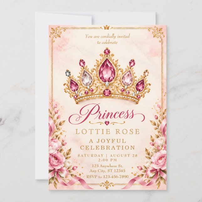 Convite de Coroa de Princesa Rosa Dourado para Fes (Frente)