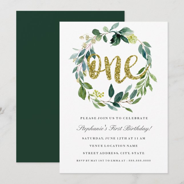 Convite de Coroa Floral Verde Dourada para Primeir (Frente/Verso)