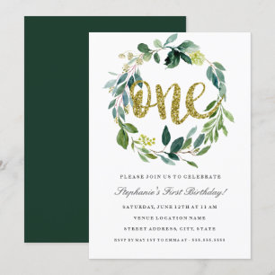 Convite de Coroa Floral Verde Dourada para Primeir