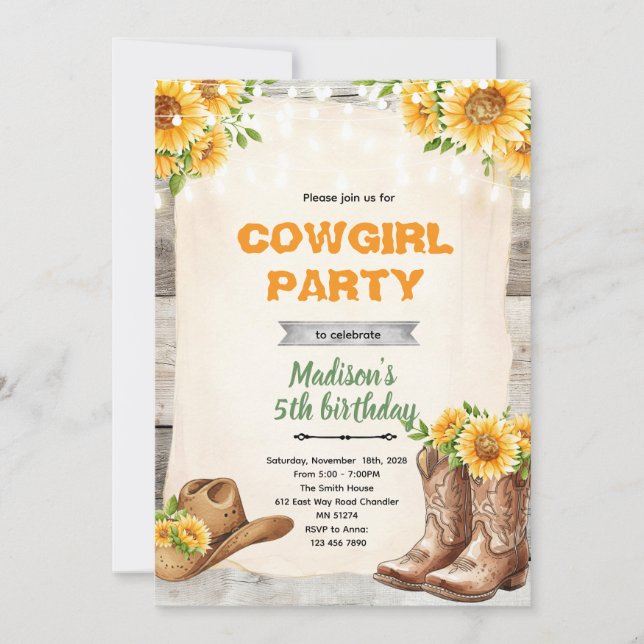 convite de cowgirl girassol rústico (Frente)