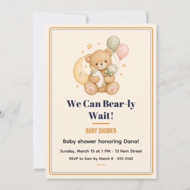 Convite de Creme para Chá de Bebê Urso Mal Mal Esp (Frente)