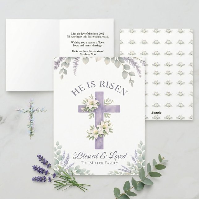 Convite de Cruz Floral de Lavanda para o Domingo C (Complete design overview showing front, personalized interior message, and matching back pattern.)