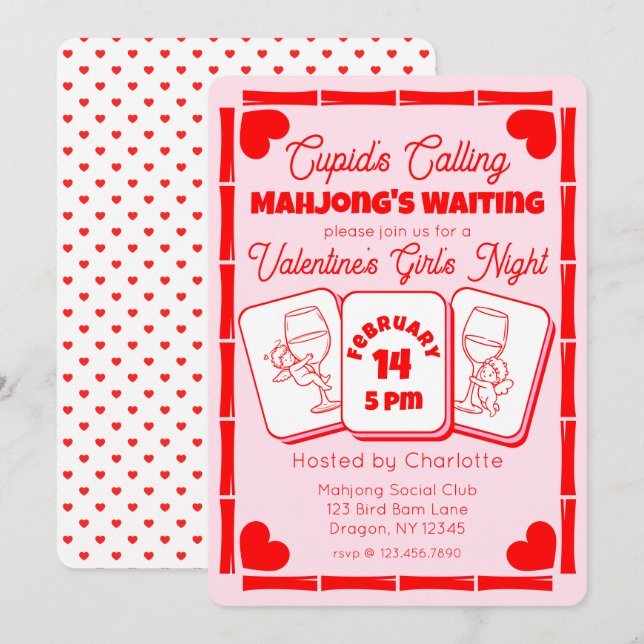 Convite de Cupido para Festa de Mahjong no Dia dos (Frente/Verso)