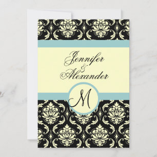 Convite de Damask Monograma Casamento Creme Azul