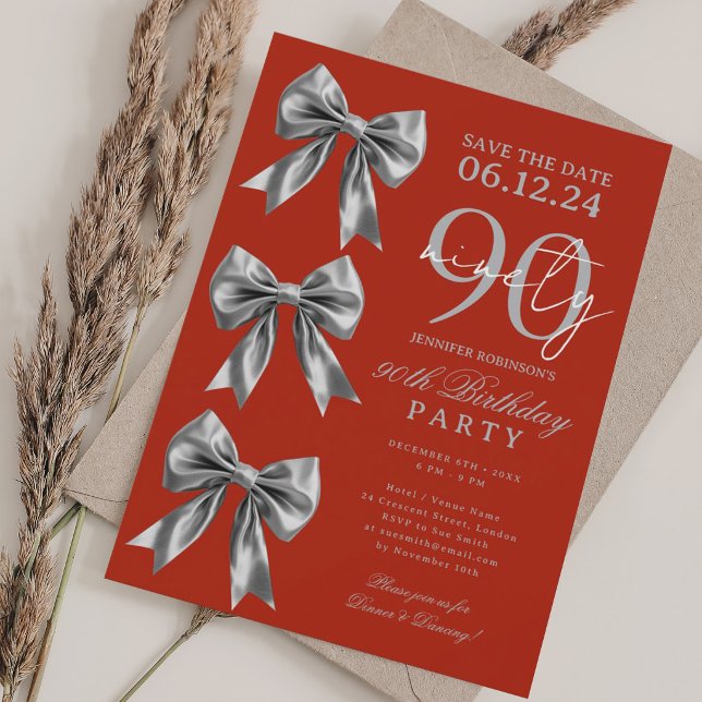 Convite de Data de Aniversário de 90 Anos Coquette (Silver Coquette Bow Save Date 90th Birthday Red Invitation)