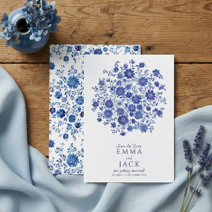 Convite de Data de Azul Chinoiserie com Floral em