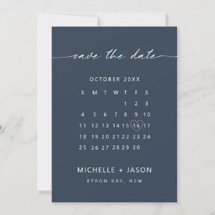 Convite de data de casamento em calendário azul ma