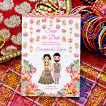 Convite de data de casamento indiano com lanternas