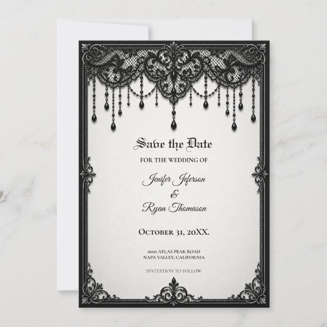 Convite de data de casamento salvo em renda preta  (Frente)