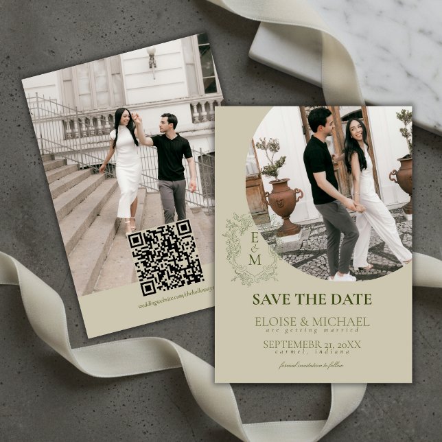 Convite de Data de Elegante Monograma de Crista em (Elegant Sage Green Crest Monogram Save The Date Invitation)