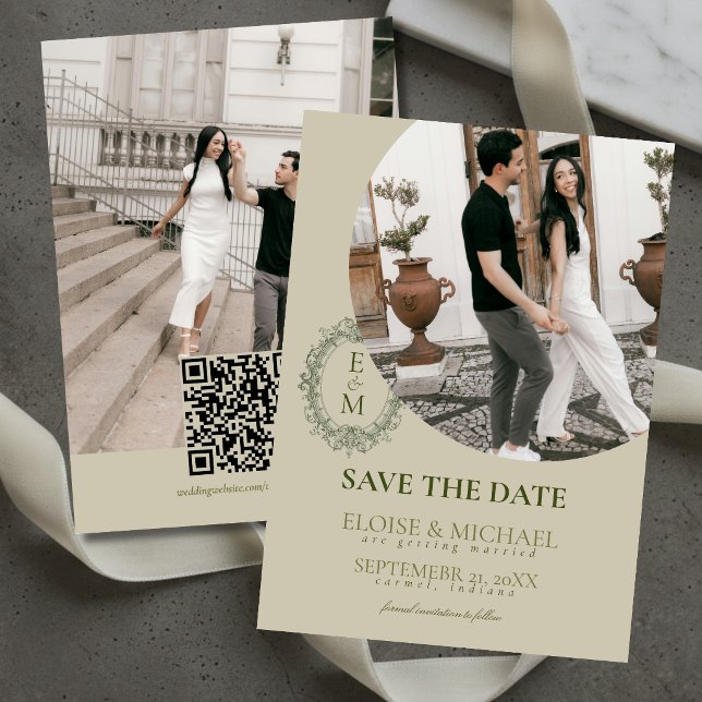 Convite de Data de Elegante Monograma de Crista em (Elegant Sage Green Crest Monogram Save The Date Invitation)
