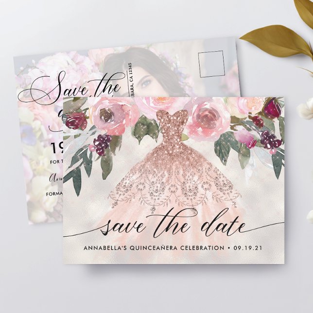 Convite de Data de Quinceañera com Foto Floral da  (Criador carregado)