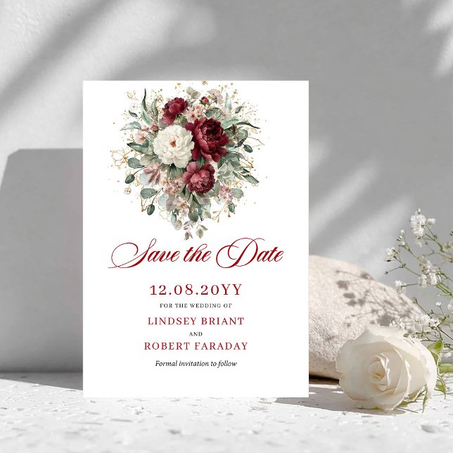 Convite de Data de Salvamento Floral Borgonha Bohe (Bohemian Blush Burgundy Floral Save The Date)