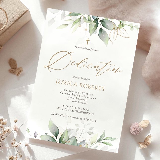 Convite de Dedicação de Bebê com Aquarela Verde (Greenery Watercolor Baby Dedication Invitation Card)