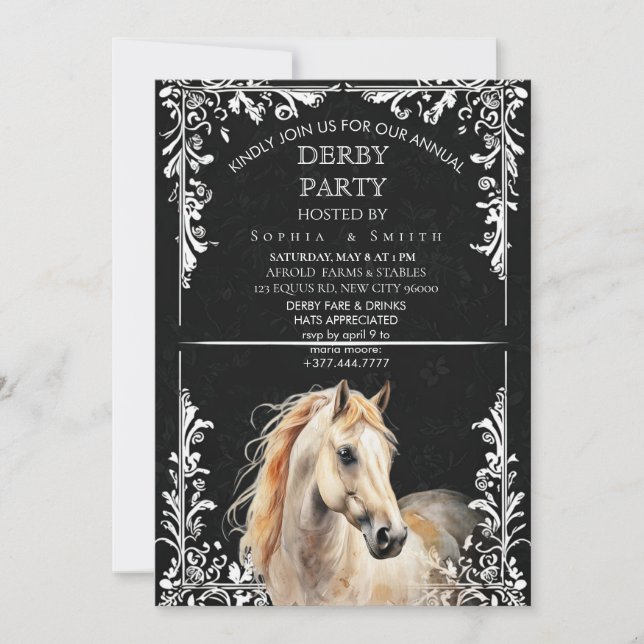 Convite de Derby de Cavalo Aquarela Preto e Branco (Frente)