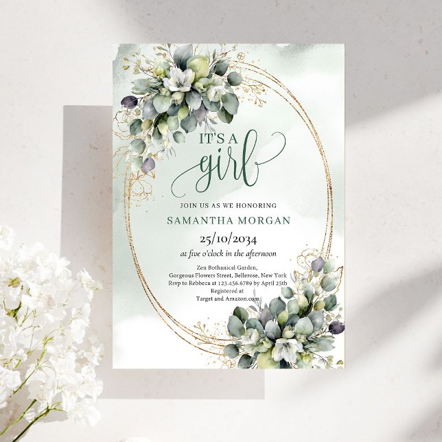 Convite de Design Botânico Verde Branco É Uma Meni (Green White Botanical Design It’s A Girl Invitation)