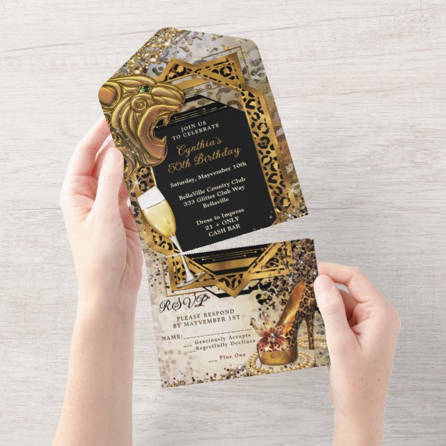 Convite de Design Glamouroso com Tema Leopardo Tud (Aba destacável)