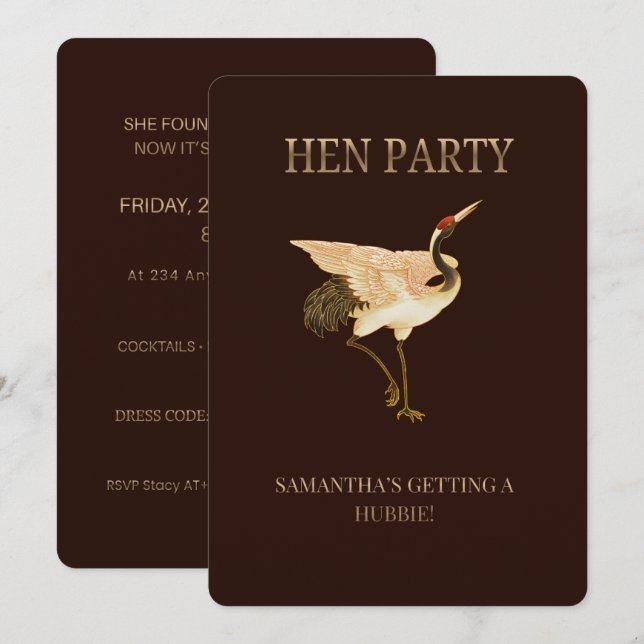 Convite de despedida de solteira Grou Elegante, t  (Frente/Verso)