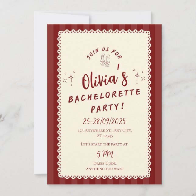 Convite de Despedida de Solteira Rústico Borgonha (Frente)