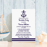 Convite de Despedida de Solteiro Âncora Náutico co<br><div class="desc">Estes convites de despedida de solteira com listras náuticas e âncora monograma serão o anúncio perfeito para qualquer noivo! O design apresenta duas listras azuis náuticas com uma âncora monograma fofa. Esses convites podem ser personalizados para sua ocasião especial e seriam o anúncio perfeito para qualquer casamento na praia náutica,...</div>